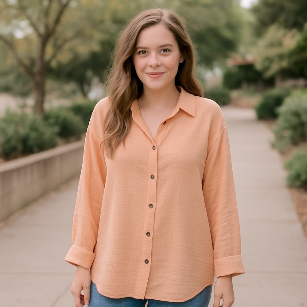 Roxy Women's Morning Time Gauze Linen Pink Button-Up Shirt Sz Large